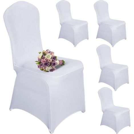 Lot de 5 housses de chaise blanches - Décoration de chaise de banquet - Universelles - Stretch - En élasthanne - Pour chaise de banquet, mariage et fête (1/5)