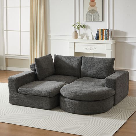 Divano modulare chaise longue grigio in ciniglia con cuscini doppi, poggiacollo e nessun montaggio (1/5)