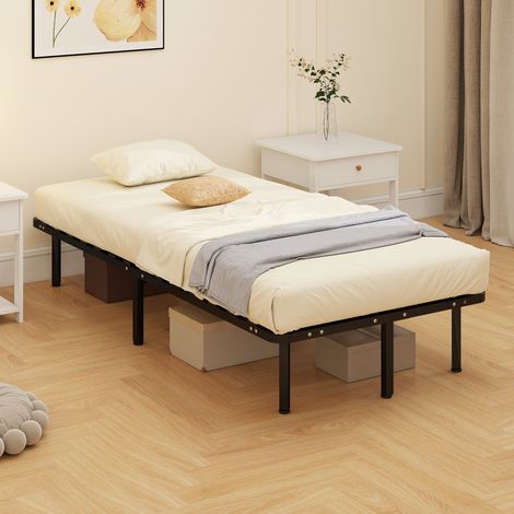 Couleur noir - Cadre lit simple 90x190 cm, 28 lattes, cadre bois et acier, espace rangement inférieur, montage facile pour chambre (1/4)