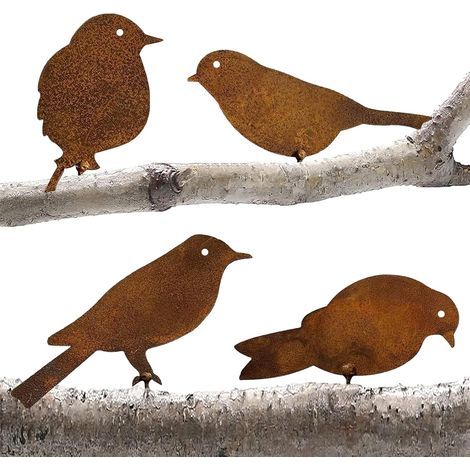 Garden decoration rust plug, 4 metal birds with screws, garden birds silhouette decoration, metal garden decoration with rust effect patina, garden decoration