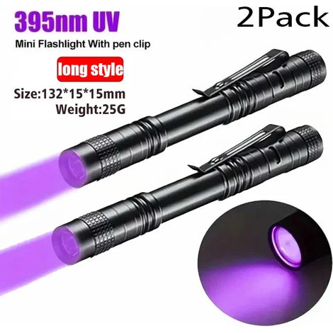 Lampe torche UV 395 nm avec clip stylo, fonctionne avec des piles AAA, lumière violette, détecteur d'urine animale et de scorpions, lampe UV longue durée - lot de 2 (1/5)