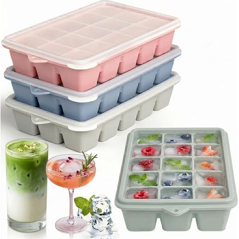 Eiswürfelform Silikon 3er Pack mit Deckel, BPA-frei, 15 Würfel pro Form