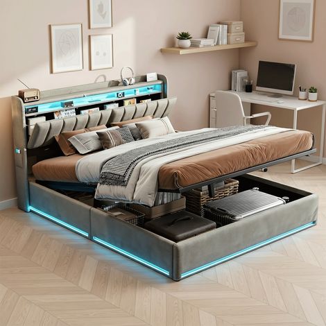 Lit coffre double 140x200 cm avec LED, lit capitonné avec Tête de Lit rembourrée, adapté aux adultes et adolescents, Velours