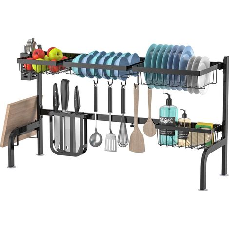 COSTWAY Escurridor de Platos, Escurreplatos sobre el Fregadero, Escurreplatos Ajustable en 2 Niveles (53-99 cm), Acero Inoxidable 4 Cestas y 8 Ganchos, Soportes para Utensilios y Cuchillos (1/5)
