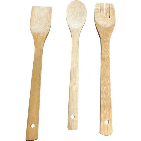 Set 3 mestoli in Legno spatola, forchetta, Cucchiaio per mescolare Utensili da Cucina 28cm (1/4)