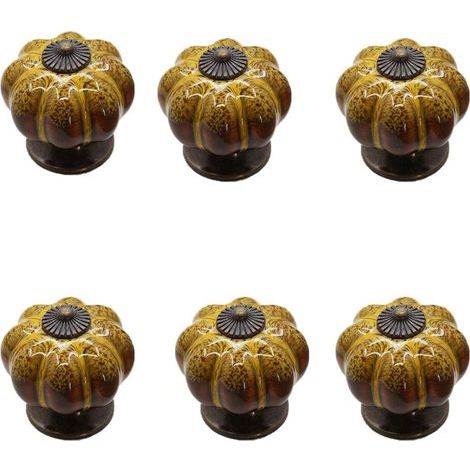 Juego de 6 tiradores de cerámica para cajones - Tirador de armario vintage con forma de calabaza y un solo orificio, color amarillo. (1/5)