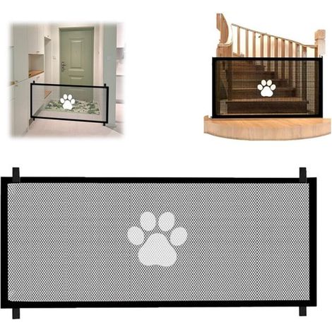 Barrière d'escalier - Barrière sans perçage - Barrière pour animaux - Barrière en filet pour chiens et chats - 180 x 72 cm - Noir - Motif pattes - Accessoires de fixation inclus - Pour escaliers et po (1/5)