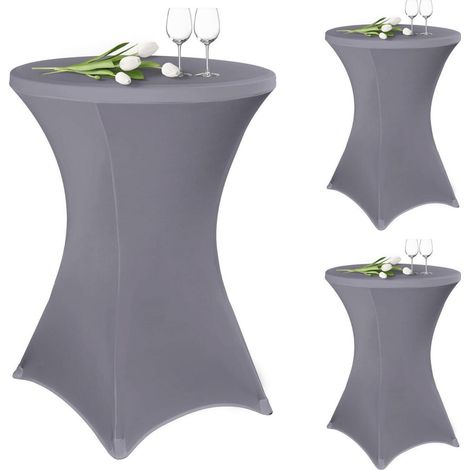 3er Set Stehtisch Hussen Hellgrau für Ø 80-85 cm, Stretch-Tischdecke mit Fußtaschen