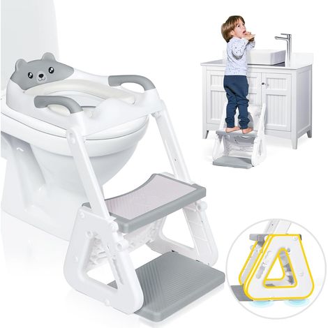 Verstellbarer Toilettensitz mit Tritthocker, stabile Toilettensitzerhöhung mit dreieckiger Struktur, verlängertem Pedal und wasserdichtem PVC-Sitzkissen, rutschfest und faltbar, Grau
