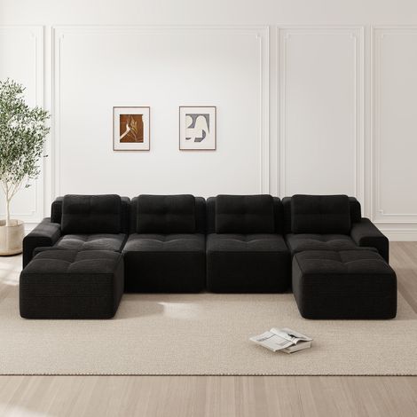 Canapé désossé salon,modulaire avec chaise longue U,canapé profond 4 places velours,sans assemblage,antidérapant,noir