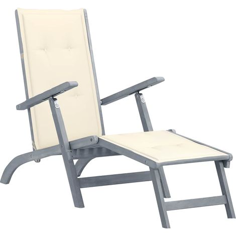Chaise longue d'extérieur repose-pied et coussin Acacia solide