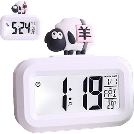 Horloge électronique de bureau avec écran LED et alarme mignonne, calendrier, horloge de température, mouton blanc (1/5)