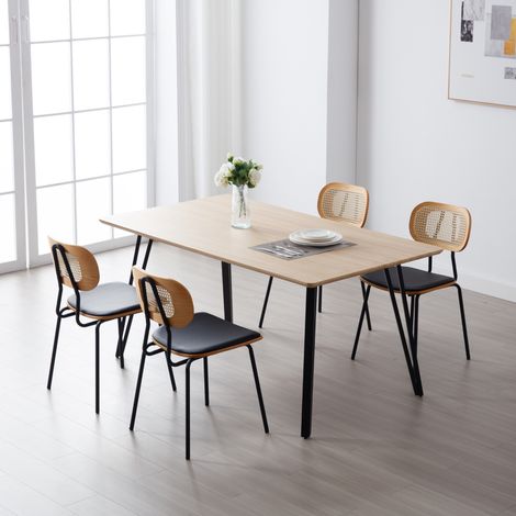 Wahson Lot de 2 chaises en bois noir – Dossier en rotin – Coussins en cuir PU – Pieds métalliques robustes – Chaise salle à manger vintage