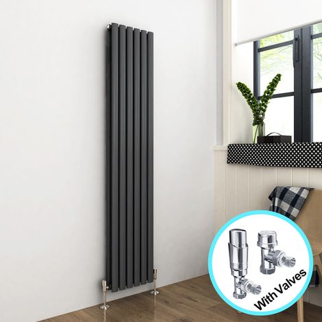 ELEGANT Vertical Radiator 1800 x 354mm Double Panel Designer Anthracite Oval Column Heating Rad with Chrome Thermostatic Radiator Valves (1/5)