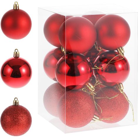 Lot de 12 boules de Noël rouges de 6 cm - En plastique - Incassables - 3 styles et dans de superbes couleurs (rouge, 6 cm) (1/5)