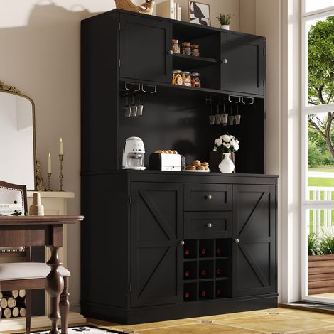 Buffet de cuisine noir 4 portes 2 tiroirs avec étagères réglables et rangement vin (1/5)