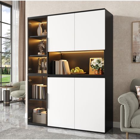 Buffet haut noir et blanc 120 x 40 x 160 cm en MDF avec vitrines et LED intégrées (1/5)