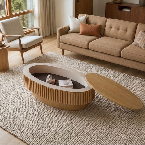 Tavolino ovale 98 x 60 x 35 cm in MDF impiallacciato legno naturale con vano nascosto - CHICFURN (1/5)