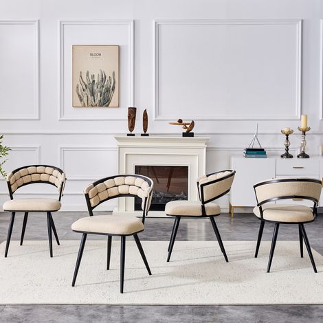 Lot de 4 fauteuils de salle à manger velours beige pieds noirs. Design rembourré pour cuisine et salon