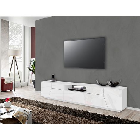 Meuble TV moderne 220 cm blanc laqué brillant Alienor (1/4)