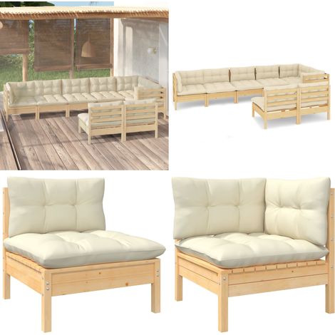 Set Divani da Giardino 8 pz con Cuscini Crema Massello di Pino - Divano angolare - Cuscino da giardino