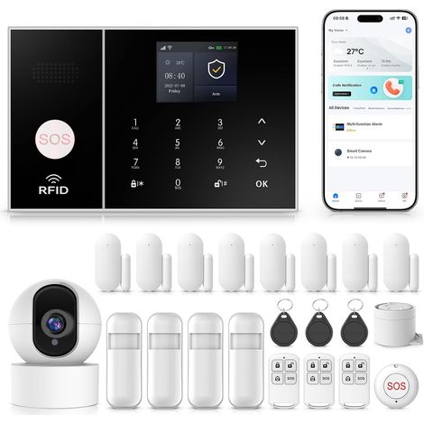 Système de sécurité Domestique système d'alarme Anti-Intrusion 4G GSM Wi-FI kit avec caméra 2 MP détecteur de Mouvement PIR capteur de Porte et télécommande (1/5)