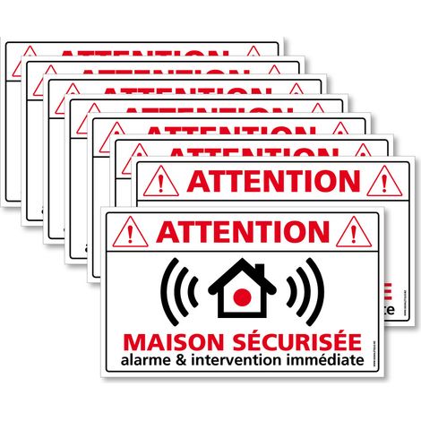 Autocollants Maison Sécurisée & Intervention Immédiate, Lot de 8 autocollants dissuasifs. Adhésifs pour sécuriser sa maison - Adhésif blanc - 150 x 90 mm
