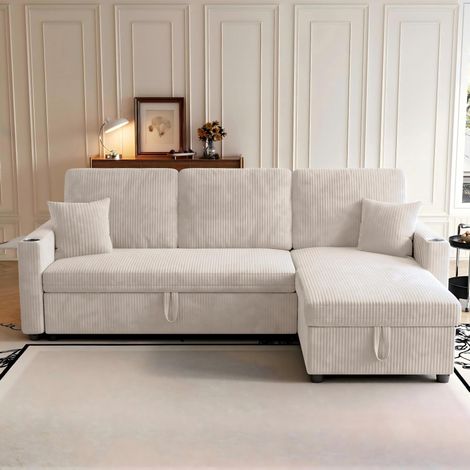 Canapé d'angle convertible avec rangement, 3 places, velours côtelé beige DESVIAE (1/5)