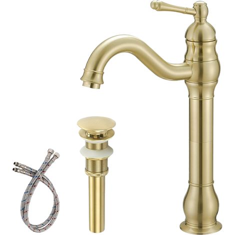 Robinet de salle de bain, robinet de lavabo monotrou pivotant à 360° avec bonde escamotable, or brossé (1/5)