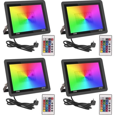 RGB Projecteur LED Extérieur 30W,Spot LED Couleur avec Télécommande,16 Couleurs 4 Modes Dimmable Éclairage Extérieur Murale,Étanche IP66 Luminaire Jardin pour Cour,Terrasse,Noël,Fêtes DJ-4pcs [Classe (1/5)