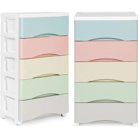 Librería con 5 cajones extraíbles, patas con ruedas, cajones de colores