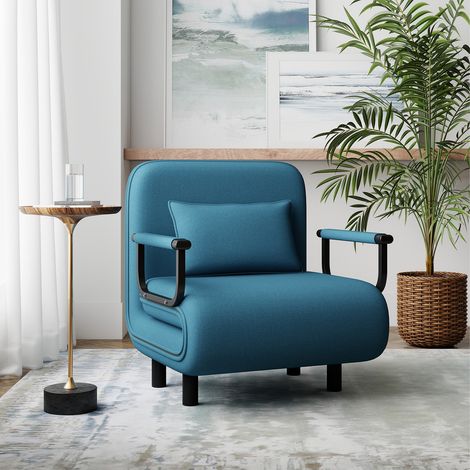 Fabulcozy Divano letto trasformabile 4 in 1, poltrona/letto in tessuto di lino con cuscino e braccioli in metallo, blu, 60L x 68W x 85H cm