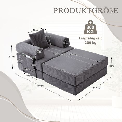 Modulares Sofa 112x190x67 cm dunkelgrau, Fußhocker und Seitentasche, Kord (1/5)