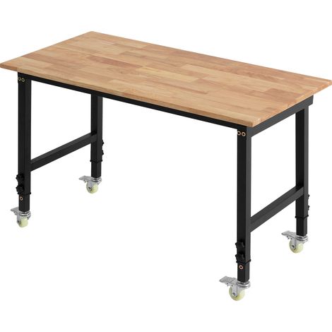 VEVOR Etabli Atelier sur Roulettes 122x60 cm Etabli Garage Hauteur Reglable 725-1075 mm Table de Travail pour Bricolage Garage Atelier Bureau, Charge 680 kg Plateau Bois Chene Massif Epaisseur 20 mm (1/5)
