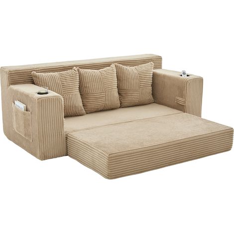 Divano modulare pieghevole in velluto a coste beige con portabicchieri e tasche, 3 posti (1/5)