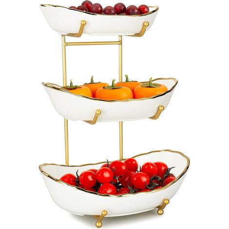 Frutero de cerámica blanca de 3 niveles con soporte de metal, ideal para aperitivos, verduras o dulces. (1/3)