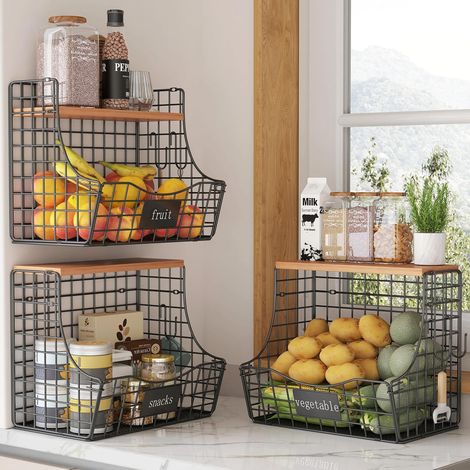 3 Panier Corbeille à Fruits Murale Cuisine avec Couvercle Bois