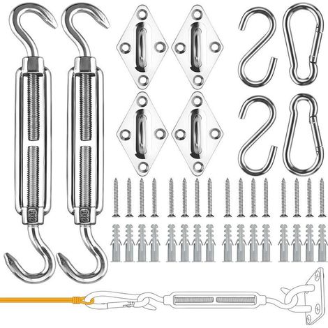 Kit de Fixation Voile D'ombrage, 5 Pouces 42Pcs Acier Inoxydable Soleil Voile D'ombrage Kit Accessoires de Fixation pour Rectangle et Triangulaires Toile Voile d'ombrage Auvents (1/4)