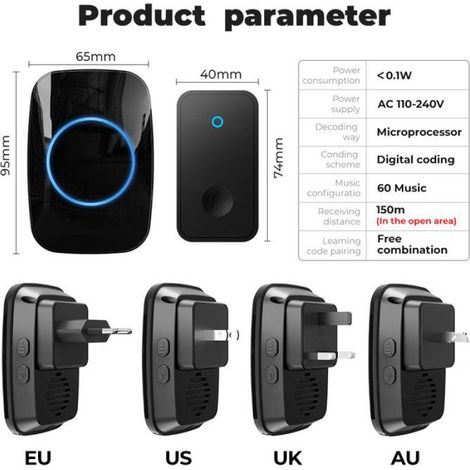 Sonnette Porte Sans Fil - Générateur Cinétique Sans Pile - 60 Mélodies - 150 Mètres Portée - Lumière LED Intense - Volume Réglable 5 Niveaux - IP44 - Pour Porte Avant Arrière - 1 Unité (1/4)