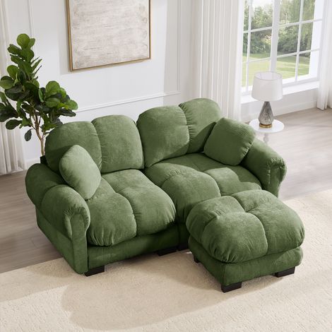 Canapé modulable 2 places en chenille Vert, canapé d’angle rembourré avec 1 pouf coussins moelleux, dossier ergonomique et design matelassé (1/5)