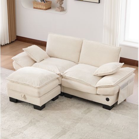 Modulares 2-Sitzer Cordsofa (mit Hocker) – breite Sitzfläche, ergonomisches Design, hochdichte Schaumstoffpolsterung, USB-C-Anschluss und Seitentaschen. Ideal für Wohnzimmer, Büro oder Lounge.Beige (1/5)