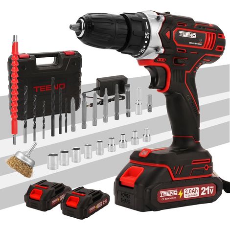 Teeno – Perceuse-visseuse sans fil 21V 45Nm – 2 batteries 2.0Ah – 25+1 réglages de couple – Éclairage LED – Moteur en cuivre pour perçage précis