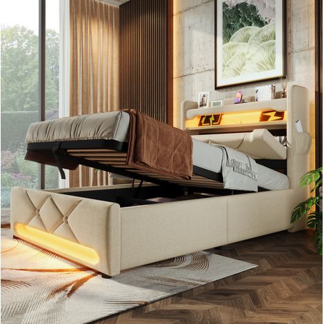Letto imbottito singolo moderno 90x200 cm in lino beige con testiera USB/Type-C, LED 360° e vano contenitore idraulico (1/5)