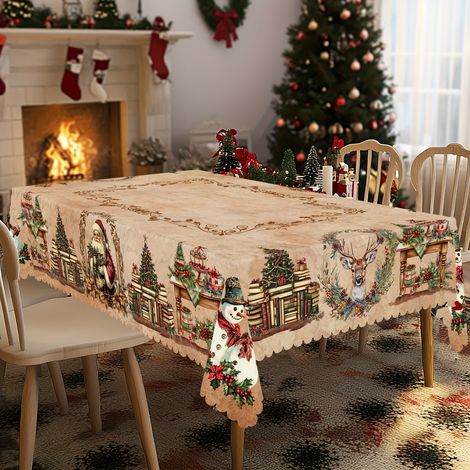 1pc Nappe de Noël, Nappe Rectangulaire&Ronde, Style Rétro, Père Noël, Renne, Bonhomme de Neige, Design de Meubles Vintage, Décoration du Nouvel An et (1/5)