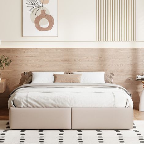 Lit de rangement relevable, cadre de lit plateforme en lin, lit de rangement relevable avec rangement hydraulique, pas besoin de sommier, beige, 140200cm (1/5)