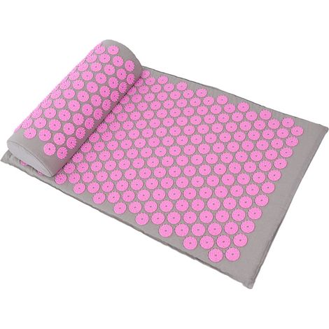 Tapis d'acupuncture, de massage, de yoga, tapis de massage par acupression, 68 x 42 cm (gris clair avec boucle rose). (1/5)