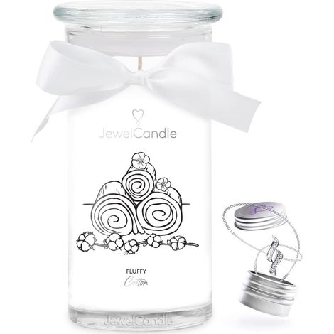 Fluffy Cotton Collier argenté – Bougie bijou 80 heures – Grande bougie parfumée avec parfum coton et lin – Bougie blanche avec bijou surprise – Cadeau pour femme, anniversaire (1/5)