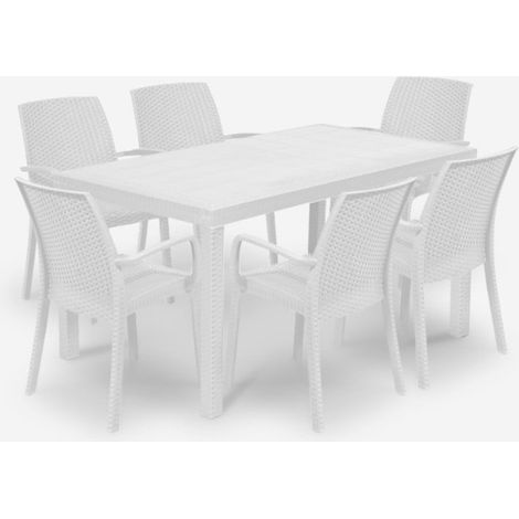 Salon de jardin table rotin 150x90cm 6 chaises blanches Meloria Light (1/5)