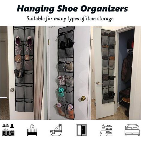 Behind-the-door shoe rack with 14 pockets and 2 hooks, hanging shoe bag, shoe rack, bedroom/bathroom shoe cabinet (1/4)