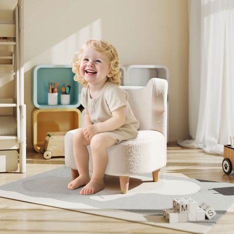 Fauteuil enfant en peluche avec oreilles d'ours, revêtement polaire doux, mousse confortable, couleur beige – siège cosy pour chambre ou salon (1/4)